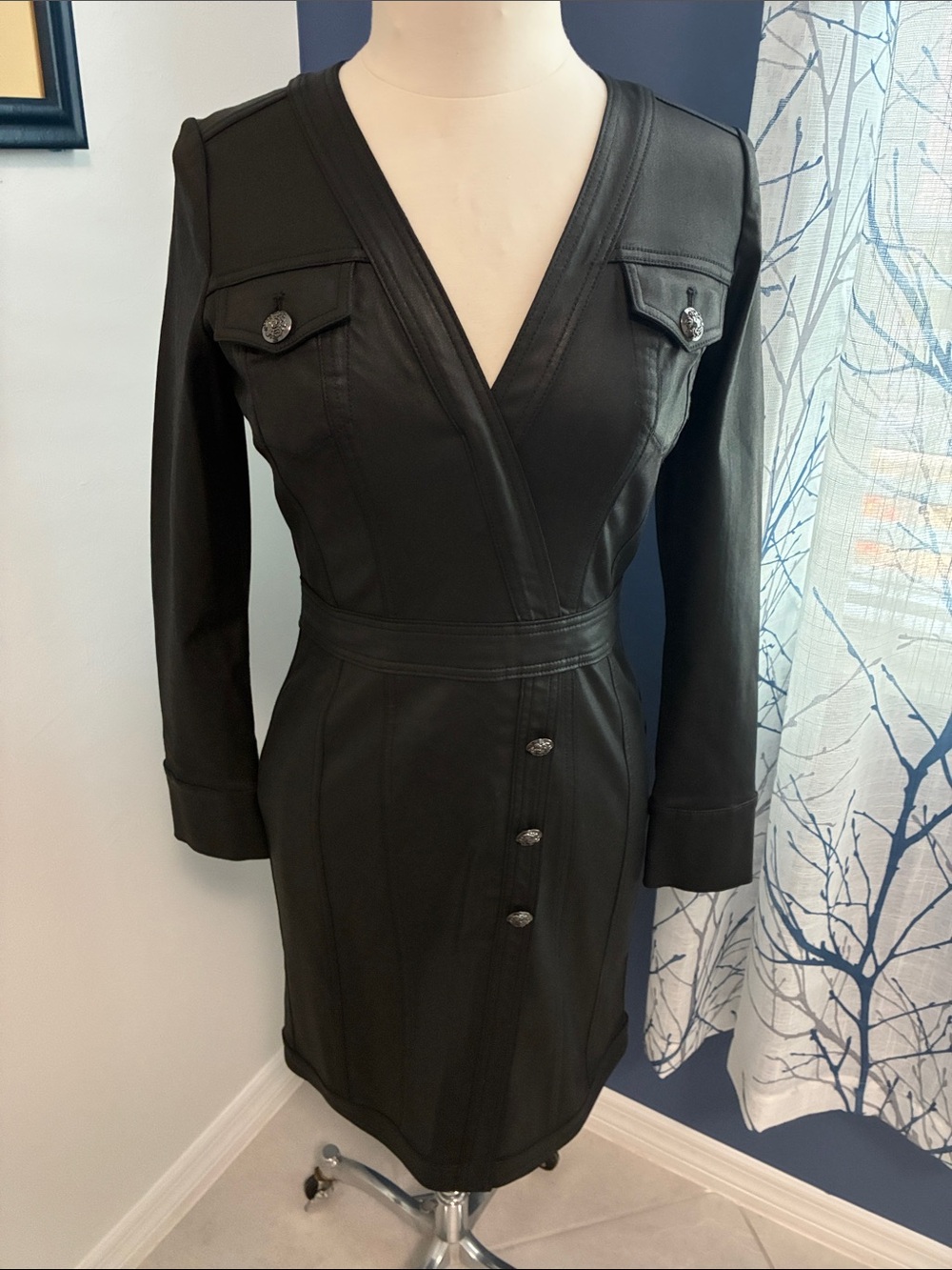 WHBM Black Faux-Leather V-Neck Long Sleeve Dress